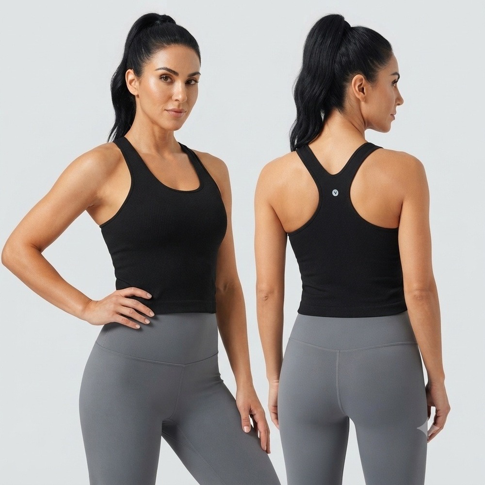Vitality Tank Womens Large Black Ribbed Racerback Top Built-in Shelf Bra